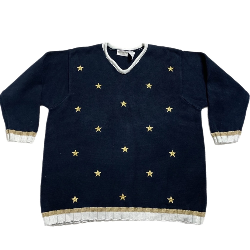 VTG Navy Blue Gold Star Embroidered Nautical Sweater 2X Americana Coastal Chunky